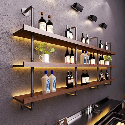 吧台墙上置物架工业风发光酒架壁挂多层实木酒吧餐厅靠墙展示层架